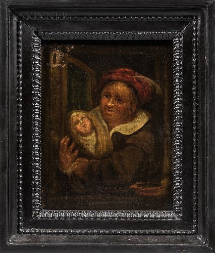 Dutch School, 17th Century Style Two Small Genre Scenes: Woman with Baby at a Window and Man Lighting His Pipe in a Tavern Interior. Un