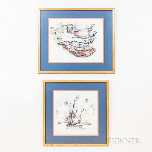 Two Aquatint Prints, Japan, 20th century, depicting fishing boats with sails, one numbered "36/1000," the other "228/1000," titled in J