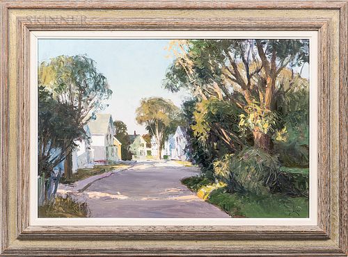 Ken Gore (American, 1911-1990) Quiet Summer Street. Signed "KEN.GORE" l.r., inscribed and titled "#7054-..." on the reverse. Oil on boa