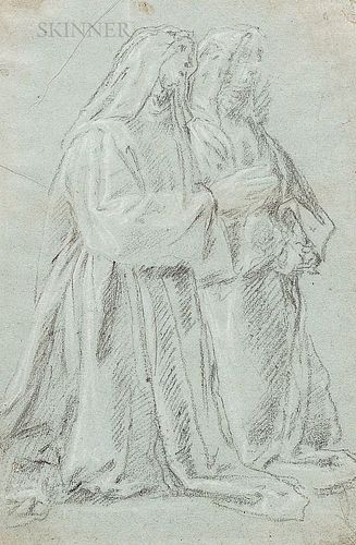 French School, 17th Century Two Nuns Kneeling in Prayer. Unsigned. Black and white chalk on blue paper, 13 5/8 x 9 1/16 in., matted, un