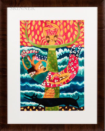 Hortensia Bueno Sanchez (Mexican, b. 1959) Mermaid. Signed "Hortensia Bueno" l.c. Watercolor on paper/board, 27 x 19 in., framed. Condi
