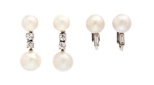 A Collection of Platinum, White Gold, Cultured Pearl and Diamond Earclips, 7.30 dwts.