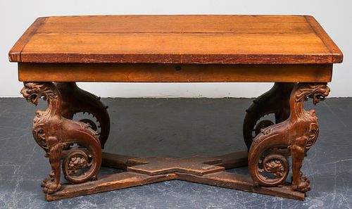 Carved Chimera / Dragon Library Table with Oak Top