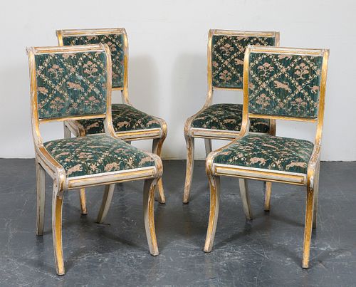 Regency Style Antiqued Upholstered Side Chairs, 4