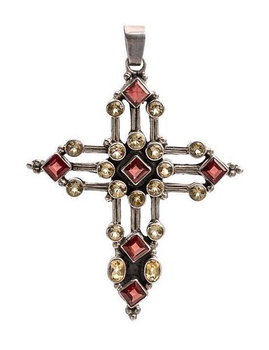 A Sterling Silver, Garnet and Citrine Cross Pendant, 9.10 dwts.