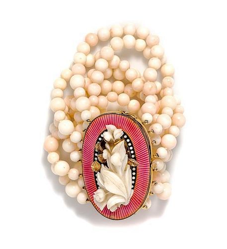 * A Yellow Gold, Silver, Polychrome Enamel and Multistrand Coral Bead Bracelet, 99.60 dwts.