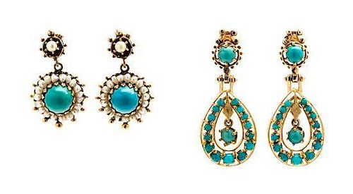 A Collection of Yellow Gold, Turquoise and Pearl Earrings, 11.30 dwts.
