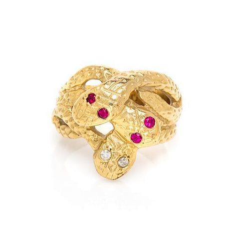 A 14 Karat Yellow Gold, Ruby and Diamond Serpent Ring, 9.10 dwts.
