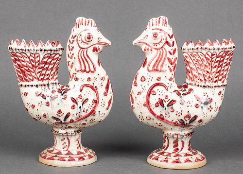 Carl Walters Stonelain Pottery Faience Roosters Pr