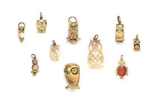 A Collection of Yellow Gold Owl Motif Jewelry, 9.00 dwts.