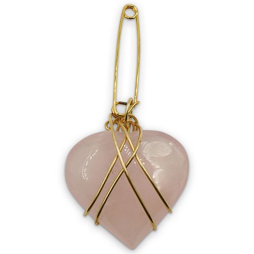 Gold and Carved Rose Quartz Heart Pin