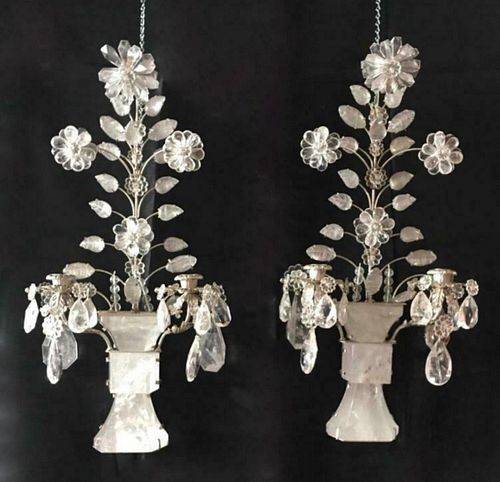 PAIR OF CLEAR ROCK CRYSTAL FLORAL WALL SCONCES