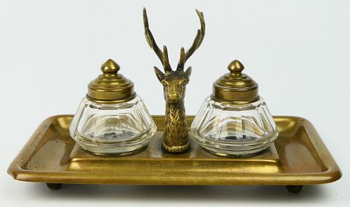 ANTIQUE BRASS INK WELL WITH STAG MOTIF