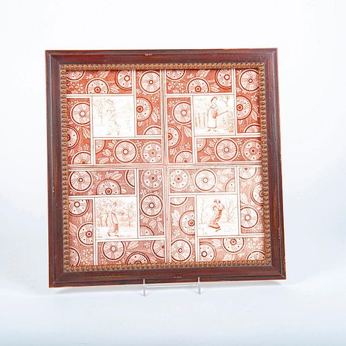4 Pc Minton Ceramic Transferware Tiles, Four Seasons, Framed