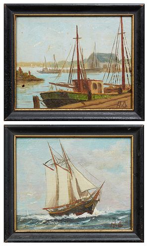 American School, "Harbor Scene," and "Ship in Full Sail," 19th c., pair of miniature oils on board, signed lower right, in monogram "HB," presented in