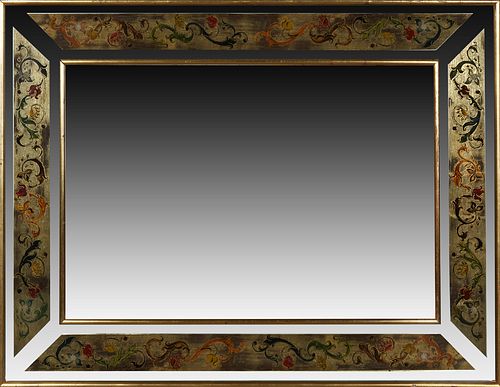 French Louis Philippe Style Eglomise and Cut Glass Overmantle Mirror, 20th c., the gilt wood frame around eglomise panel sides with cut edges, and a g