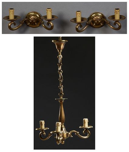 Diminutive Three Light Louis XV Style Brass Chandelier, 20th c., with a tapered baluster support to a base issuing three scrolled "candle" arms, with 