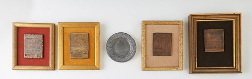 H. Alvin Sharpe (1910-1982, Louisiana), "Group of Five Metal Strikes," 20th c., four copper from WYES TV, of Louisiana Landmarks, presented in shadowb