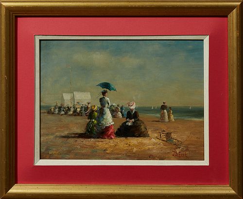 Jean Lefort (1948-, French), Gathering of Women on the Beach," 20th c., oil on board, signed lower right, presented in a gilt frame with a wide red ma