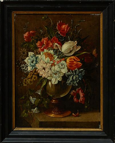 Dutch School, "Still Life of Flowers in a Glass Bowl," 18th c., oil on panel, presented in a wide ebonized frame with a gilt liner, H.- 21 in., W.- 15