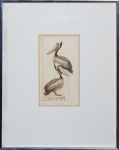 Dell Weller (1927-2017, New Orleans), "Pelicans," 20th c., etching, 13/150, pencil numbered lower left margin, pencil titled lower center margin, penc