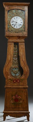 French Provincial Carved Pine Tallcase Clock, 19th c, with polychromed floral decoration, the ogee crown over an enamel dial time and strike clock wit