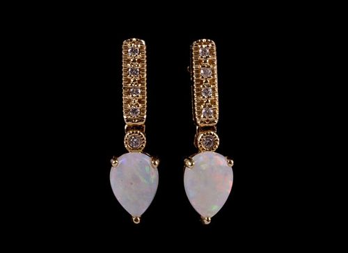 Australian Opal & Round Diamond 14k Gold Earrings