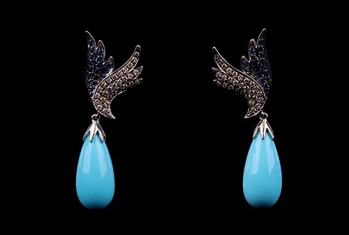 Turquoise Blue Sapphire Diamond 14k Gold Earrings