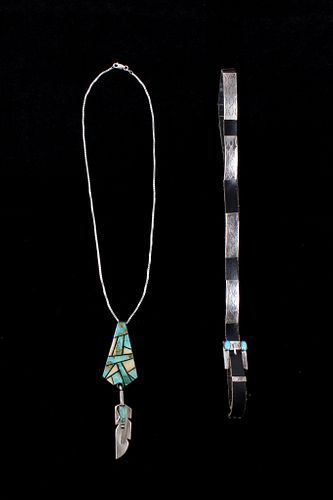 Navajo Inlaid Sterling Silver Necklace & Hat Band