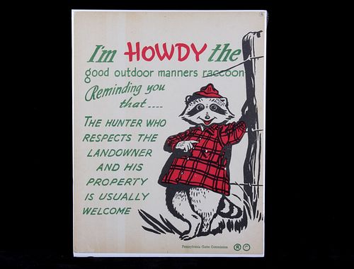 Howdy The Raccoon PA Game Commission Sign C. 1966