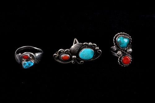 Navajo Sterling Silver Turquoise & Red Coral Rings