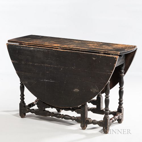 Black-painted William and Mary Gate-leg Table, New England, early 18th century, the oval top with falling leaves, on a straight apron w