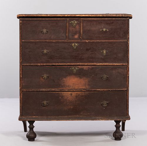 Red-painted Cherry and Pine Chest over Two Drawers, Connecticut, early 18th century, the molded lift top above a double arch-molded cas