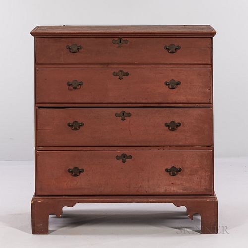 Red-painted Maple Chest over Two Drawers, possibly Connecticut, 18th century, the molded hinged top above two thumb-molded drawers and