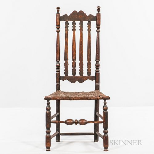 Bannister-back Side Chair, New England, 18th century, with shaped crest, vase and ring-turnings, and bulbous turned front stretcher, ol