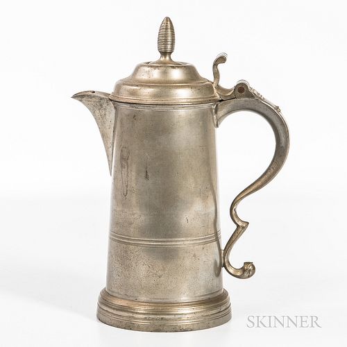 Pewter Flagon, Thomas D. and Sherman Boardman, Hartford, Connecticut, c. 1810-50, with swelled ribbed finial, shaped thumb-hold, scroll