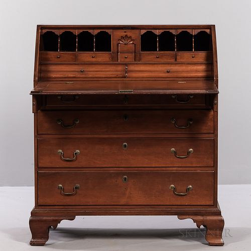 Chippendale Carved Cherry Slant-lid Desk, Connecticut, 18th century, the stepped interior with blocked central shell-carved drawer and