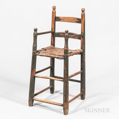 Slat-back High Chair, New England, early 18th century, two slats joined by turned stiles with arms and turned handholds, old painted su