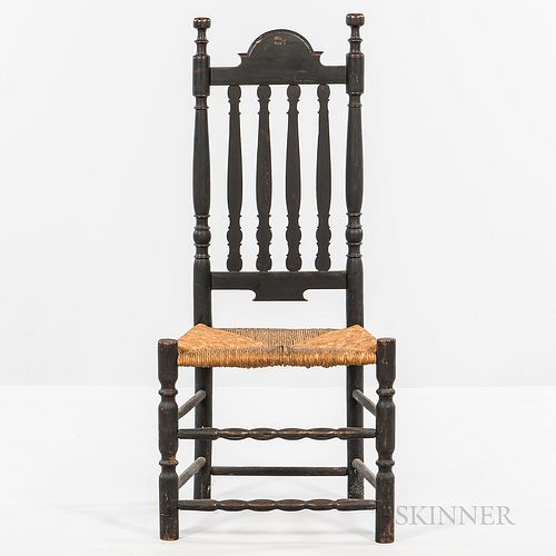 Black-painted Bannister-back Side Chair, New England, 18th century, the shaped cresting with vase- and ring- turned stiles, and turned