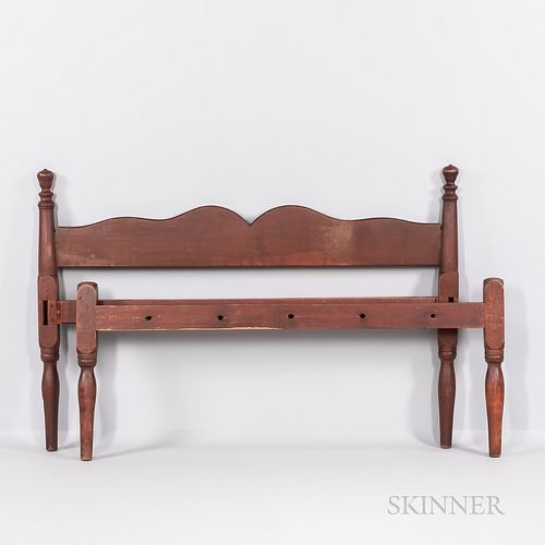 Red-painted Maple Bed, New England, early 19th century, the tapering vase and ring-turned posts joined by a shaped headboard, and turne