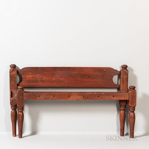 Red-painted Maple Bed, New England, early 19th century, the square posts with knob tops continuing to vase and ring-turned legs joined