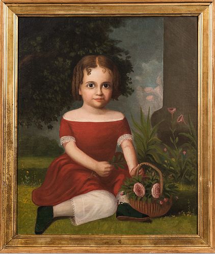 American School, 19th Century, Portrait of a Girl Holding a Basket of Roses, Unsigned., Condition: Relined, inpainting including to fac