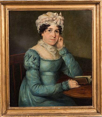 American School, Early 19th Century, Portrait of a Woman in a Blue Dress Seated at a Table with a Book, Unsigned., Condition: Relined,