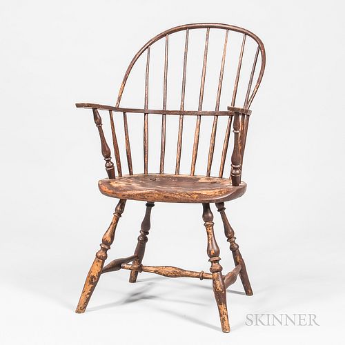 Sack-back Windsor Chair, New England, c. 1790, with vase and ring-turnings and shaped saddle seat, worn brown paint, ht. 38, seat ht. 1