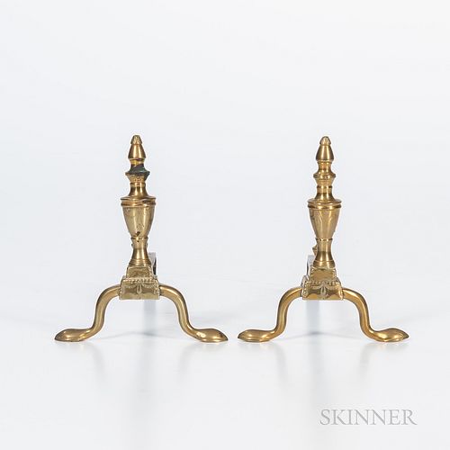 Pair of Miniature Engraved Brass and Iron Andirons, early 19th century, with urn tops, engraved drapery, and matching log stops, (disco