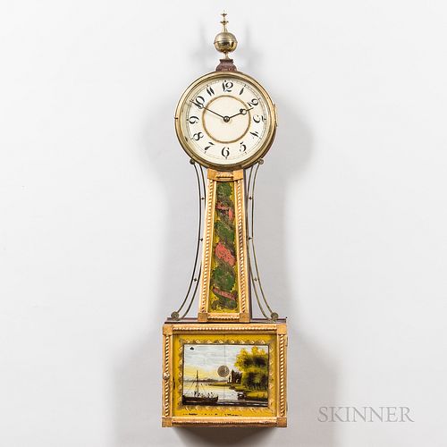 Gilt-gesso and Mahogany Wall Timepiece, Concord, Massachusetts, c. 1820, with eight-day brass weight-driven movement, the eglomise thro