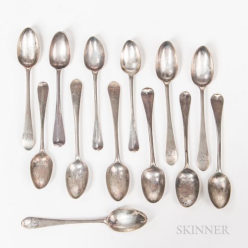 Thirteen Coin Silver Demitasse Spoons, America, late 18th/early 19th century, including examples marked "MN" within a rectangle, "EC" w
