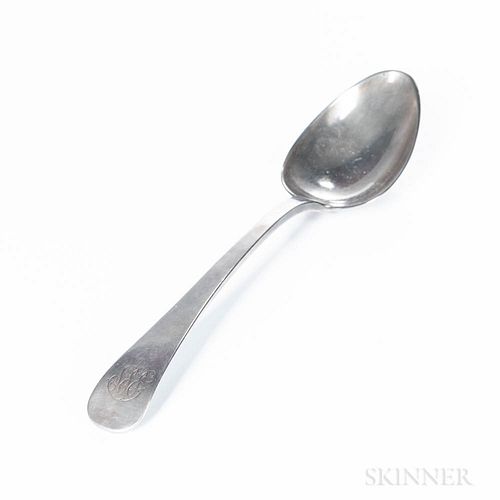 Paul Revere Jr. Silver Tablespoon, Boston, Massachusetts, c. 1789, the end of the plain handle engraved with the monogram "SSP" for Sam