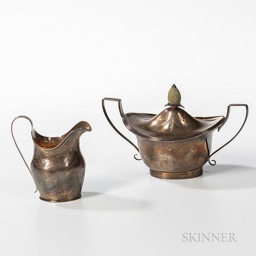 Georgian Sterling Silver Creamer and Covered Sugar, Peter and Anne Bateman/Peter and William Bateman, London, 1799/1800, the creamer wi