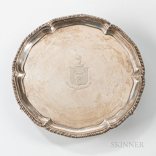Georgian Sterling Silver Footed Salver, John Carter, London, 1772, with gadrooned rim and claw and ball feet, the center engraved with